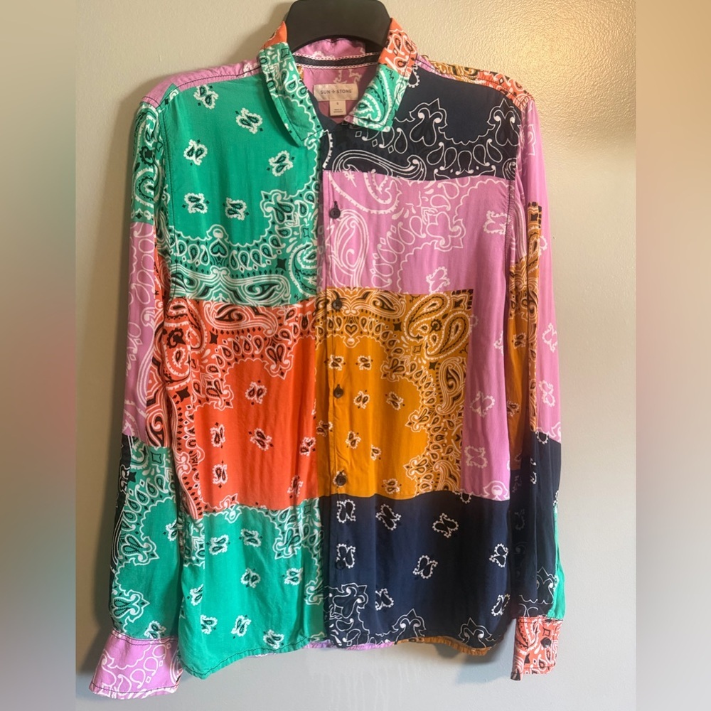 Sun + Stone Multicolor Patchwork Paisley Bandana Print Button-Up Shirt Sz Small